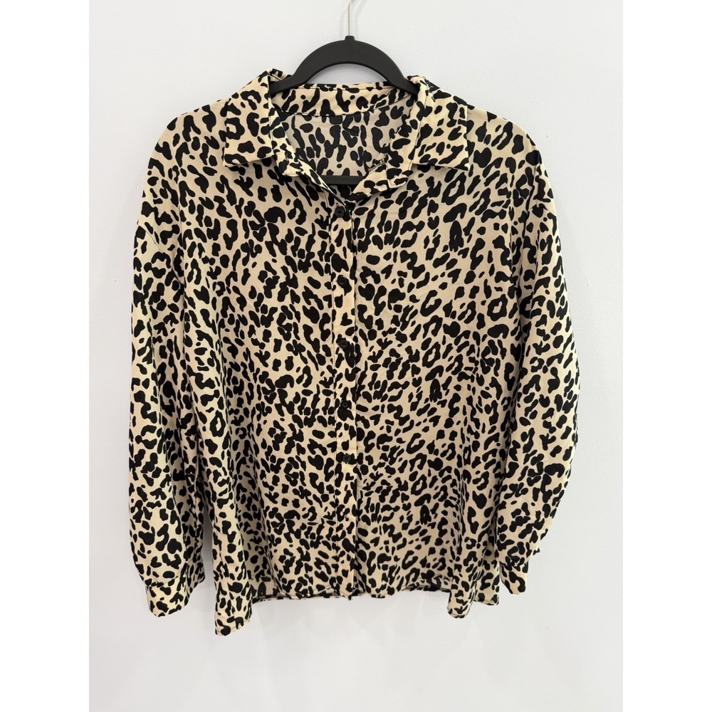Shein Women's Curve Cheetah Print Button Up Blouse M Oversized Long Sleeve Top